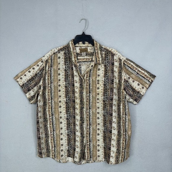 Cote de France Tops - Cote de France Shirt Womens 1X Brown Geometric Tribal Print Silk Boho Button Up
